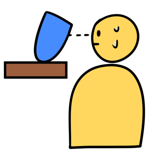 a figure, sweating slightly, looking at a blue vase tipping over on a shelf.